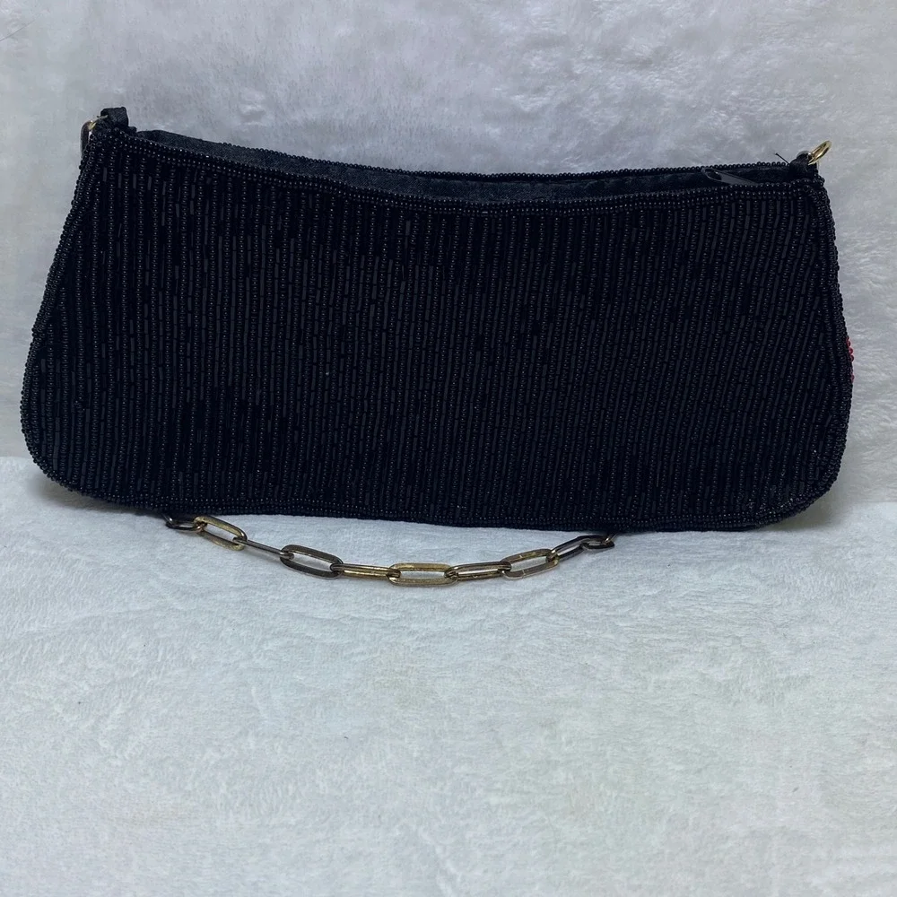 Black Beaded Evening Baguette Bag Color Purse Clutch with Chain Strap Flowers‎